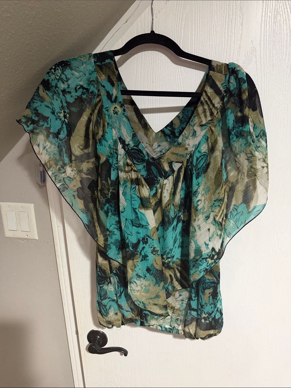Zac & Rachel Teal and Olive Floral V-Neck Sheer Blouse